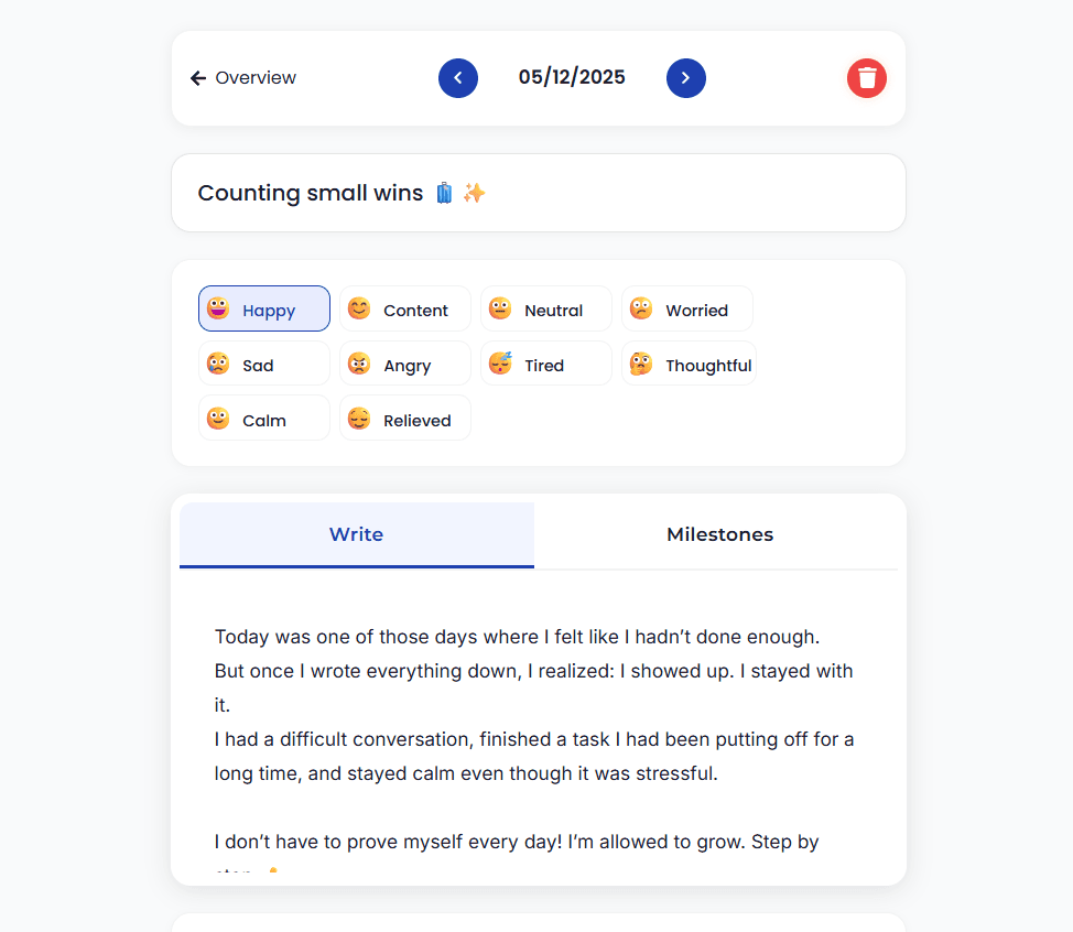 Journal entry in Yabundo with AI analysis